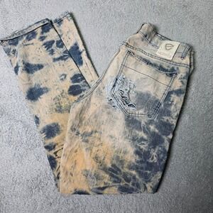 Encrypted Mens 34 Moto Jeans Blue Tan Acid Wash Ribbed Zipper Distressed Biker